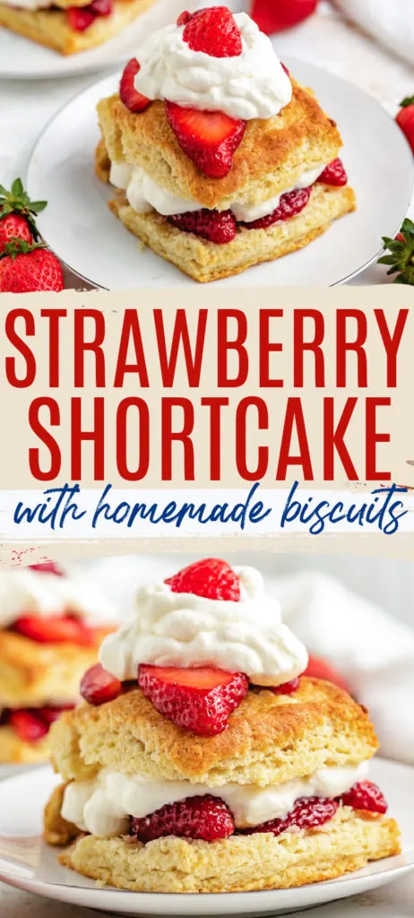 Two photos of a strawberry shortcake in a collage.
