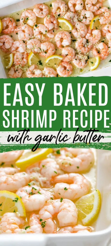 Pans of pink baked shrimp with lemon.