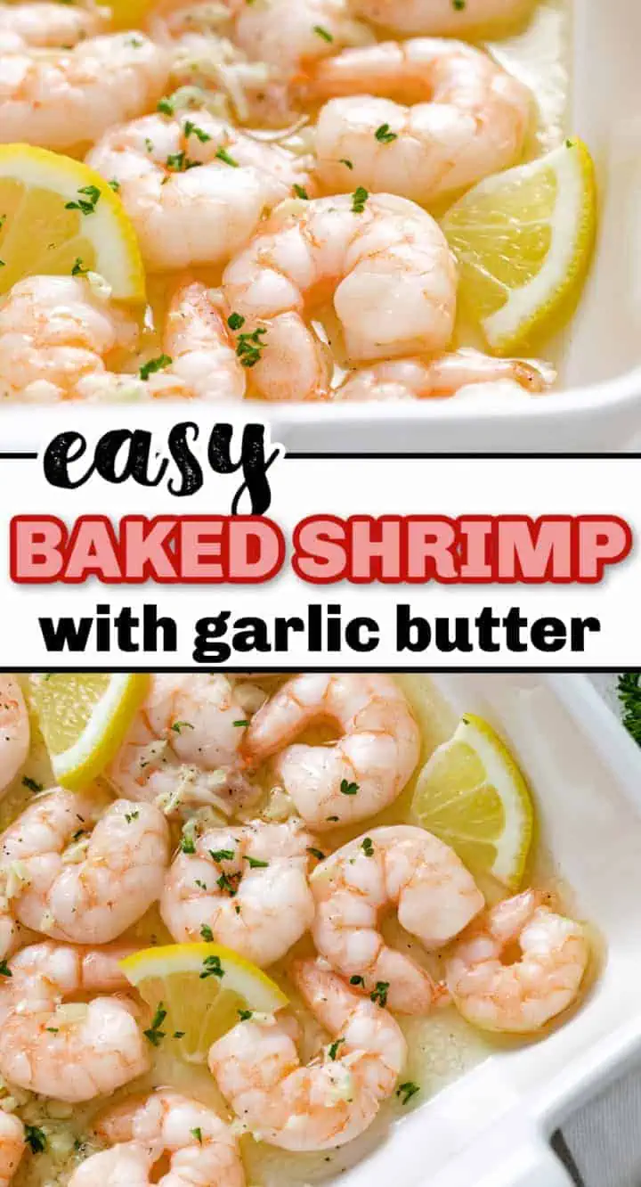 Close up view of garlicky baked shrimp with lemon butter.