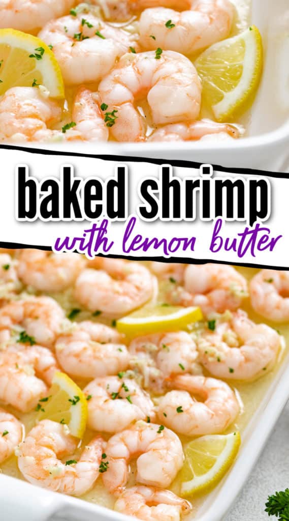 White pan filled with shrimp in a lemon butter sauce.