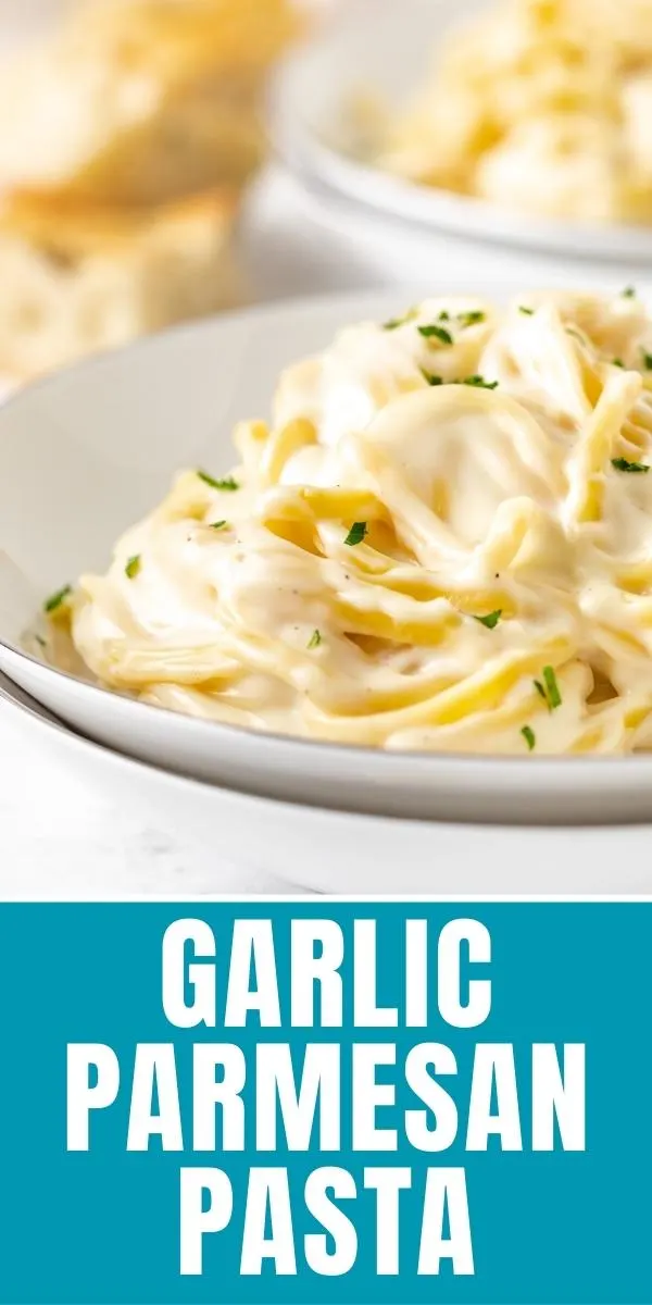 Side view of a plate of garlic parmesan pasta.