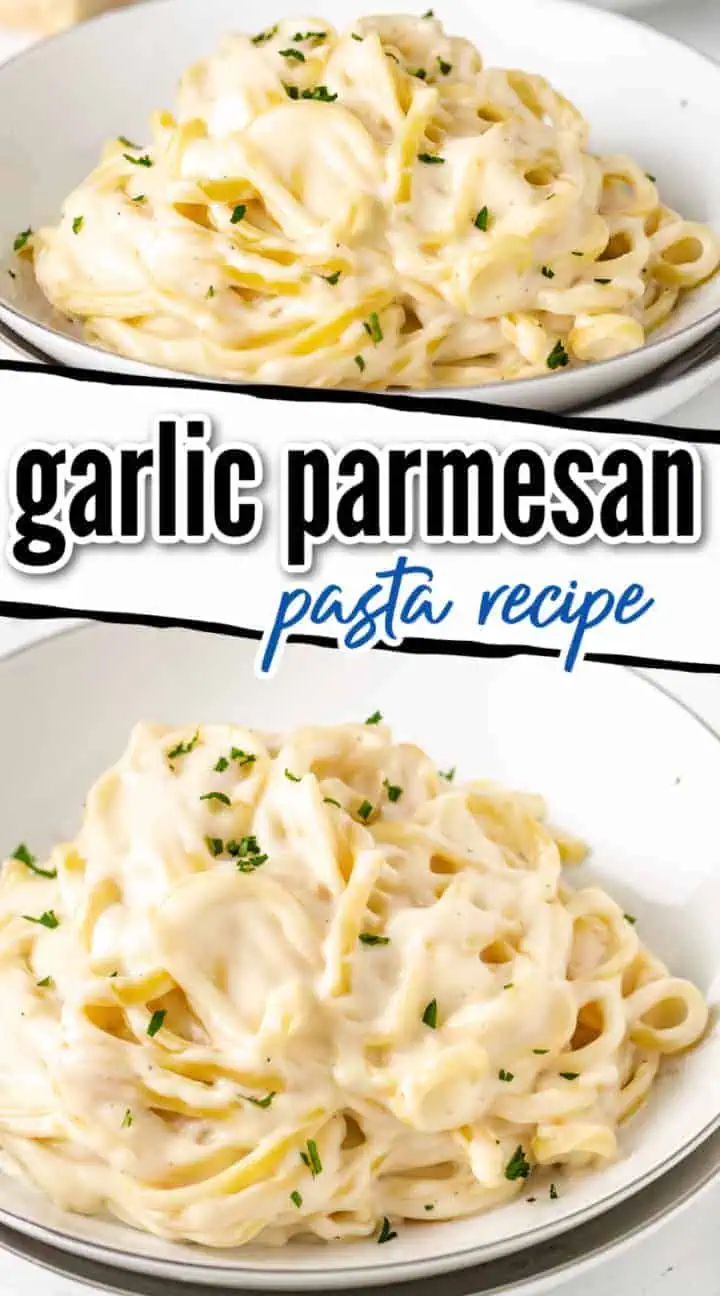 Collage showing two plates of creamy parmesan pasta.