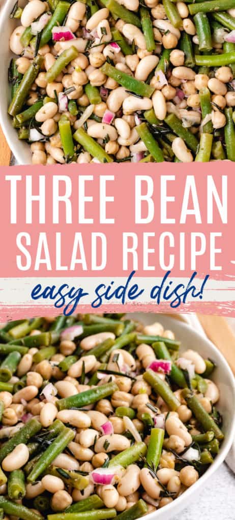 Collage showing photos of three bean salad.