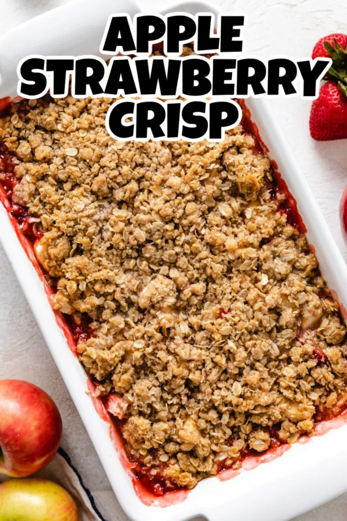 Top down view of fruit crisp in a casserole dish.
