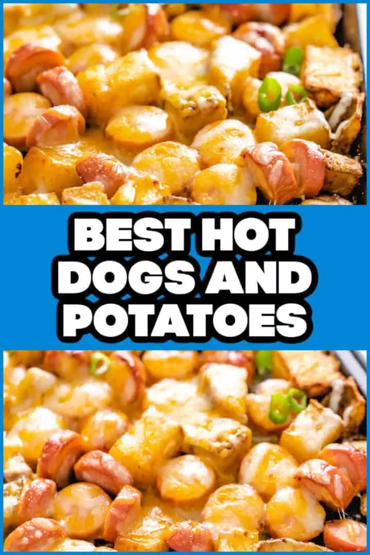 Two photos of cheesy hot dogs and photos in a collage.