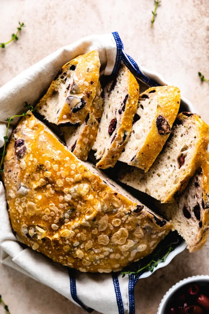 Top down view of sliced rustic bread.