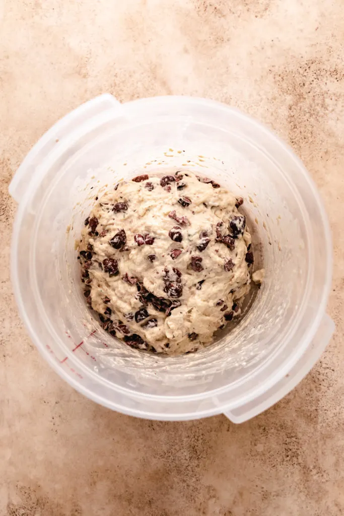 Kalamata olives stirred into bread dough.