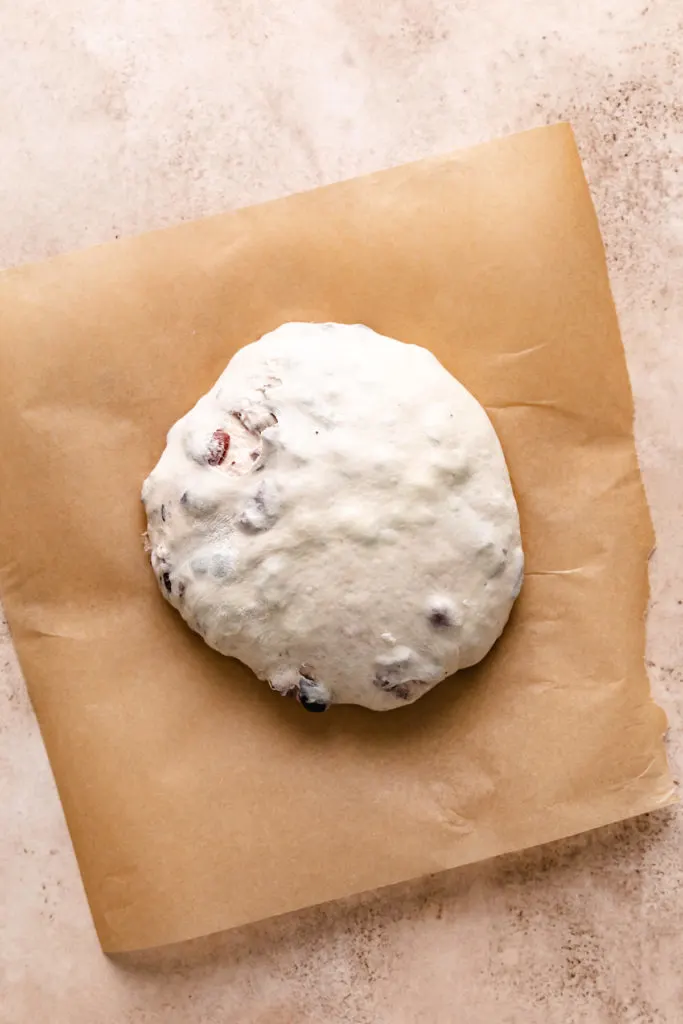 Bread dough round on a piece of parchment paper.