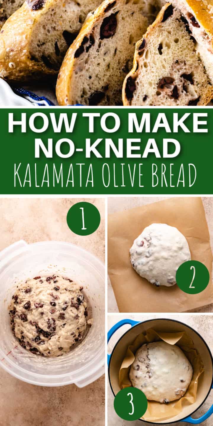 Four photos showing how to make an olive loaf.