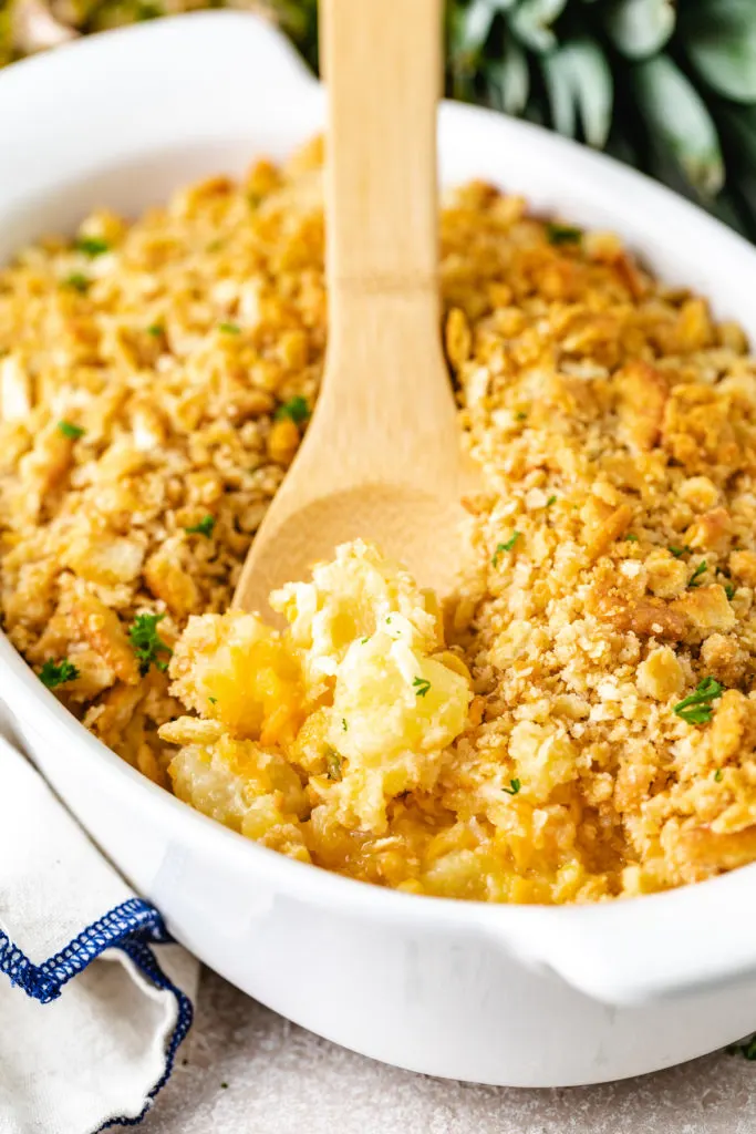 Casserole dish filled with casserole.