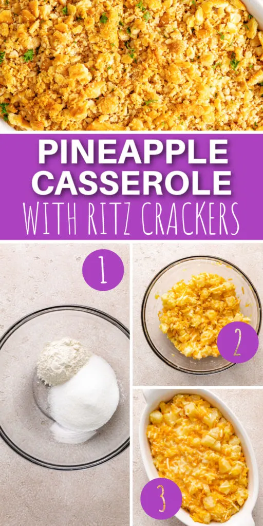 Collage showing how to make pineapple casserole.