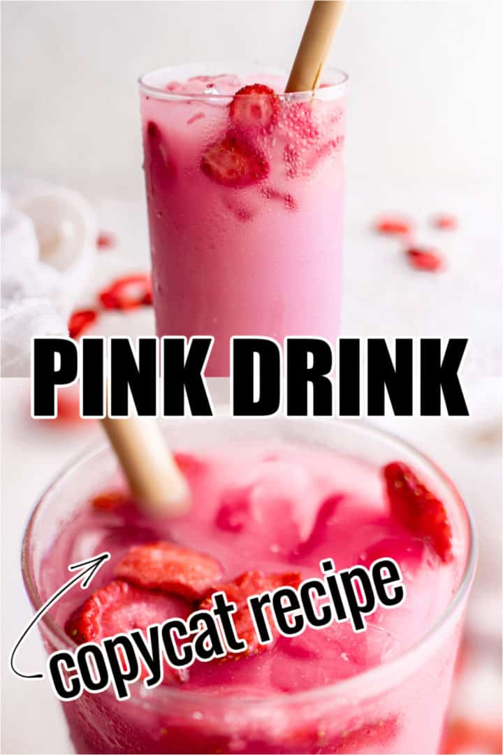 Two photos of a pink starbucks drink.