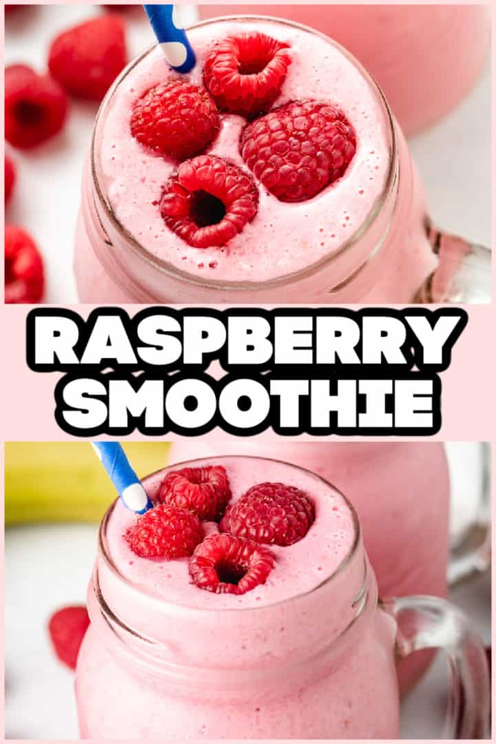 Two photos of a fruit smoothie in a collage.