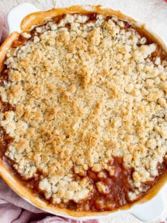 Top down view of a freshly baked rhubarb crisp.