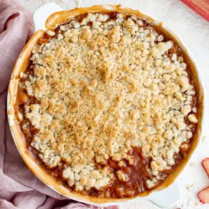 Top down view of a freshly baked rhubarb crisp.