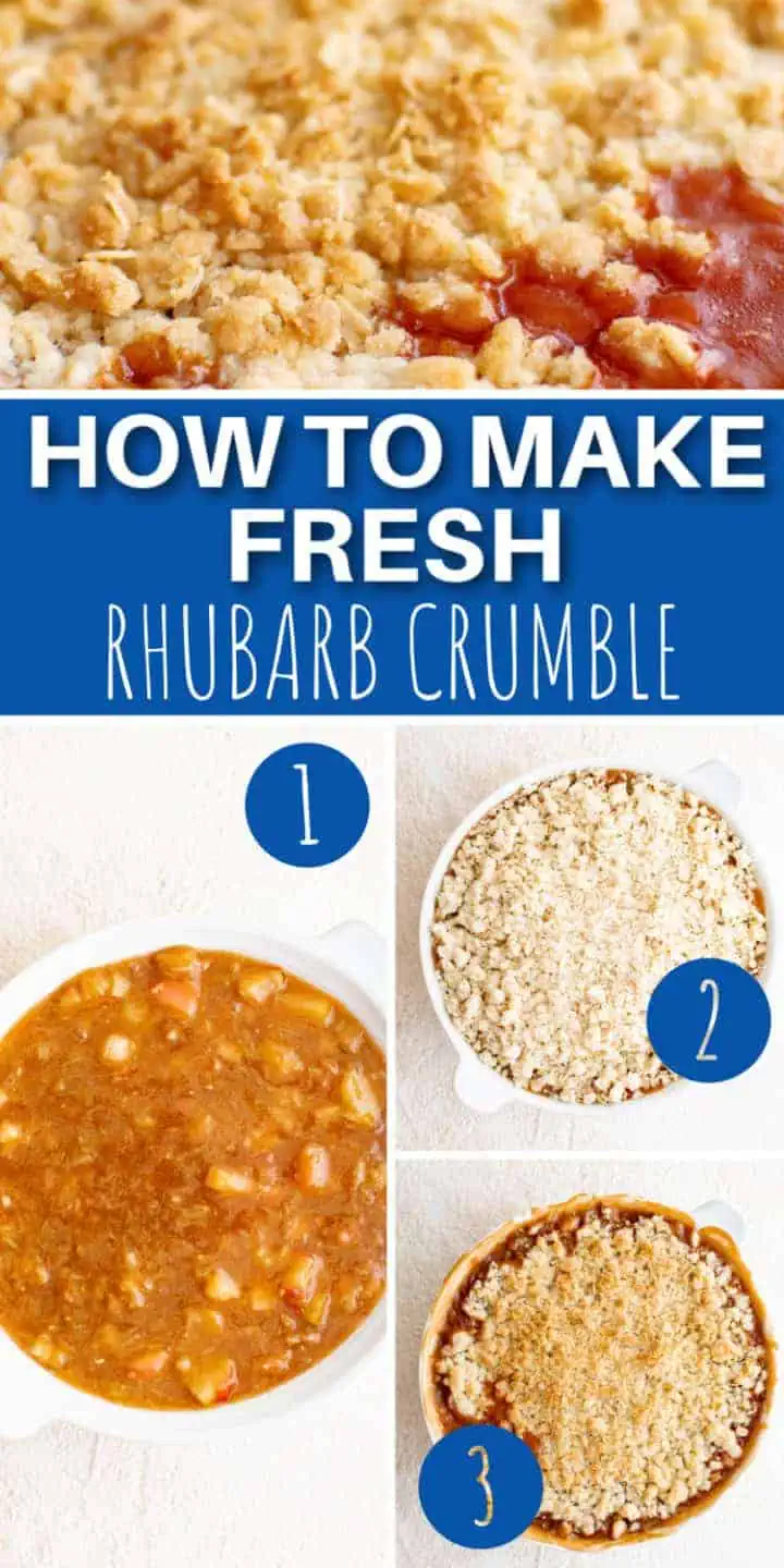 Four photos showing how to make rhubarb crumble in a collage.