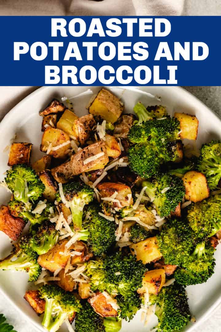 Top down view of broccoli and potatoes with cheese.