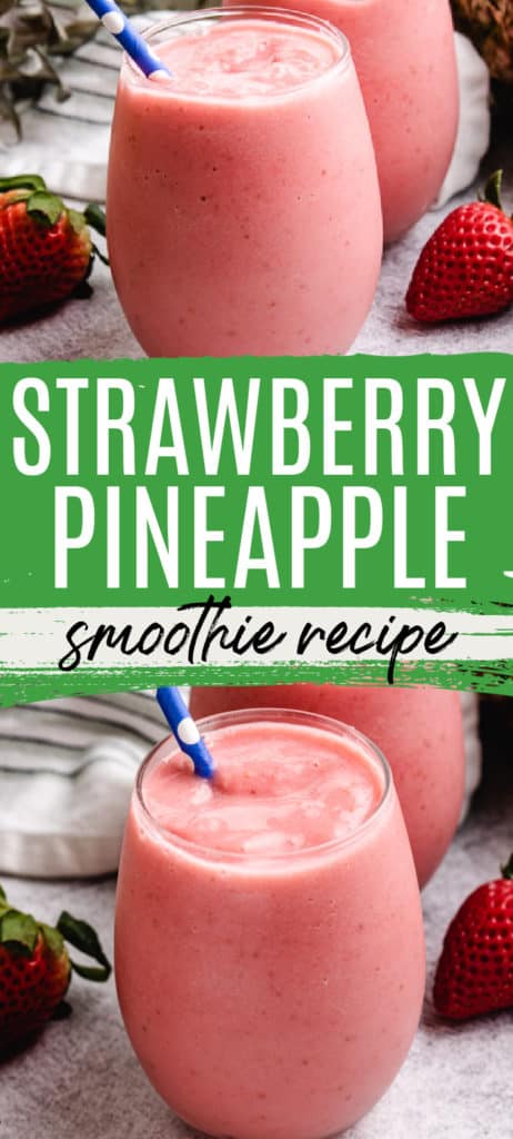 Collage showing how to make a pineapple strawberry smoothie.