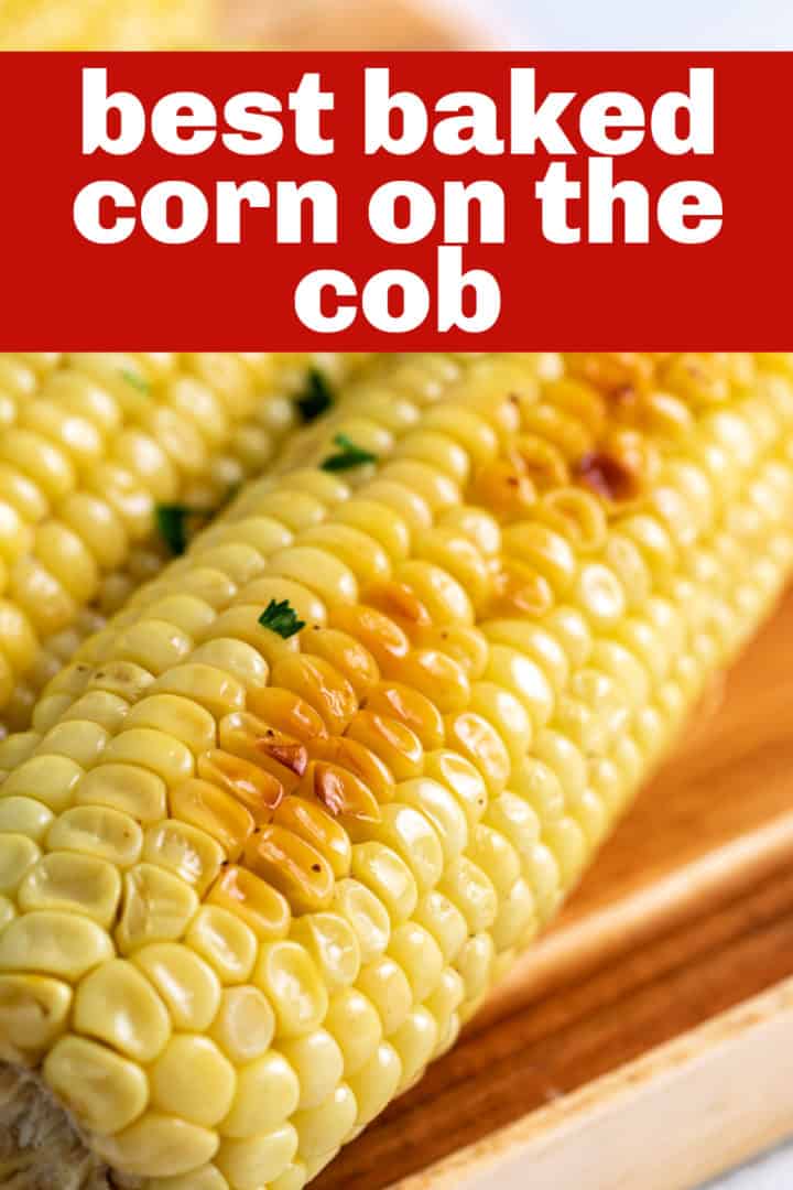 Close up view of a baked ear of corn.
