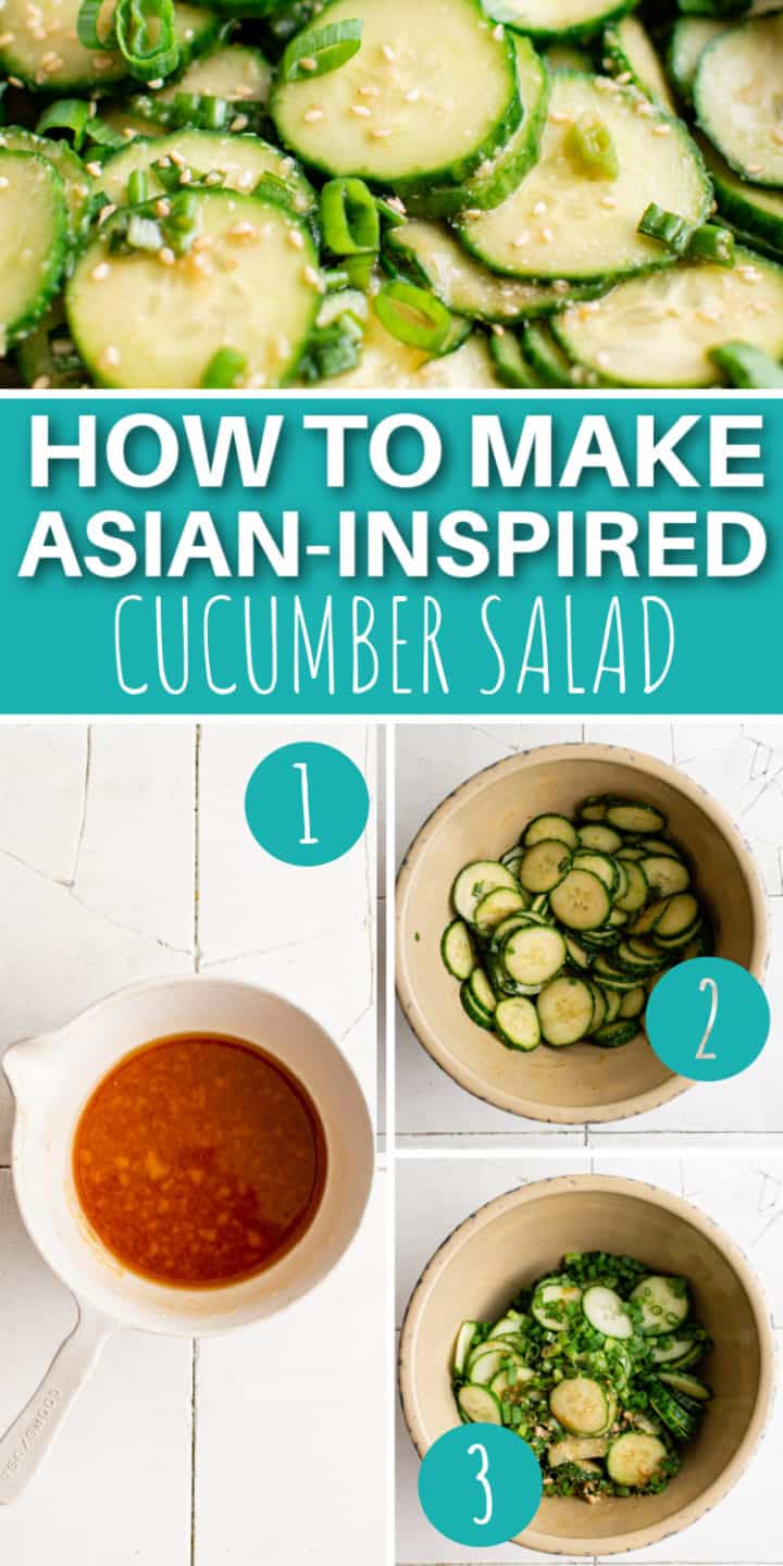 Collage showing how to make cucumber salad.