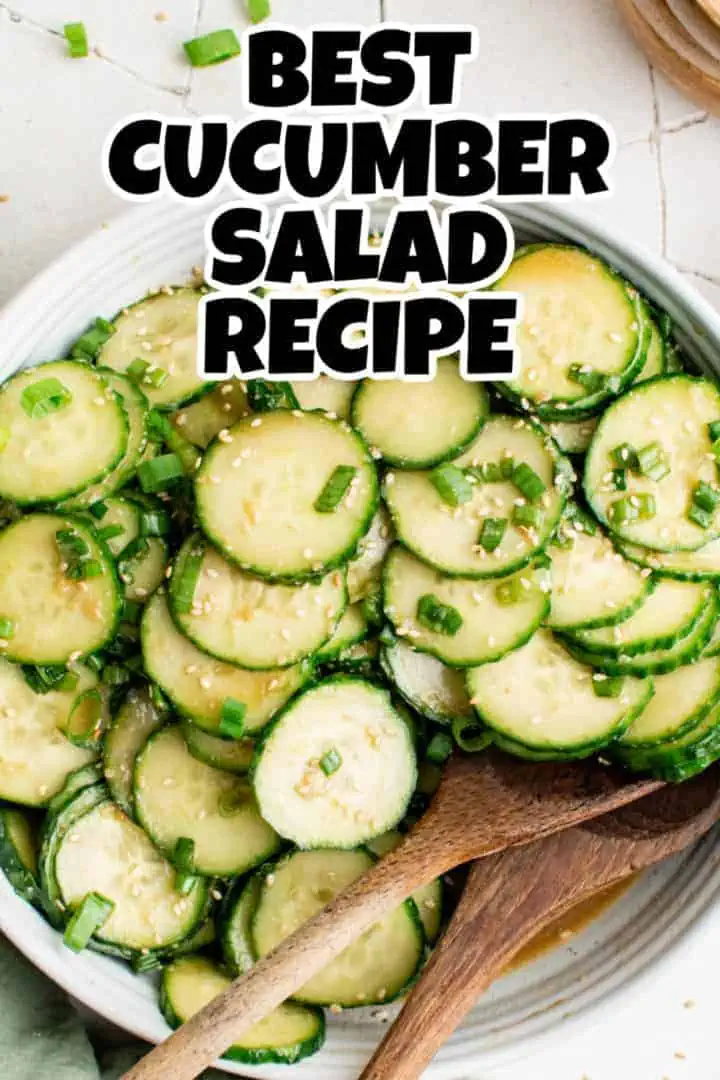 Top down view of cucumber salad with sesame seeds.