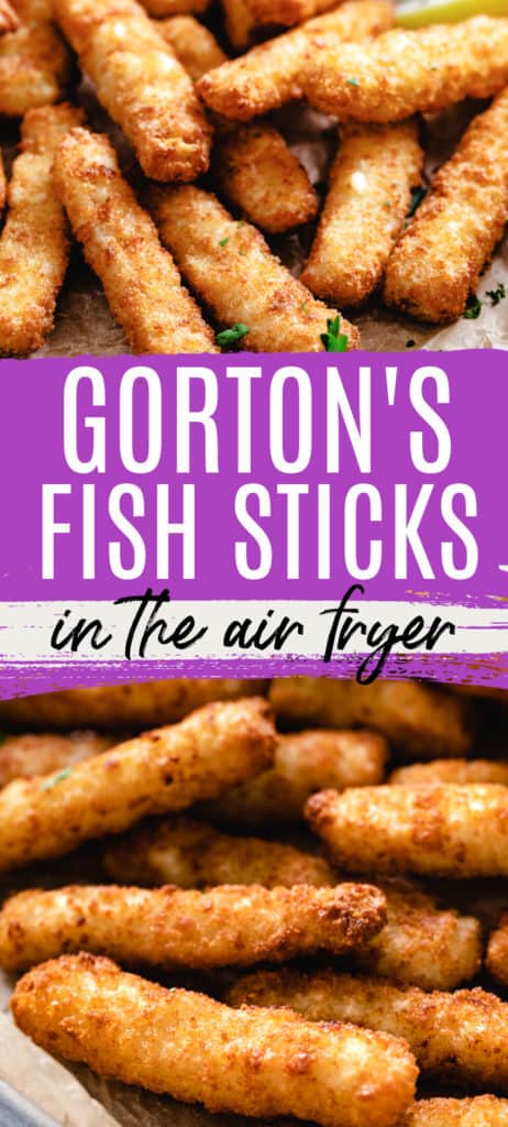 Collage of two photos of fish sticks made in the air fryer.