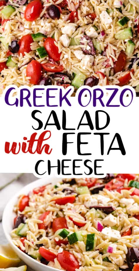 Two pictures of orzo salad with feta.