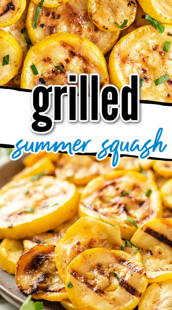 Two photos of grilled squash in a vertical collage.