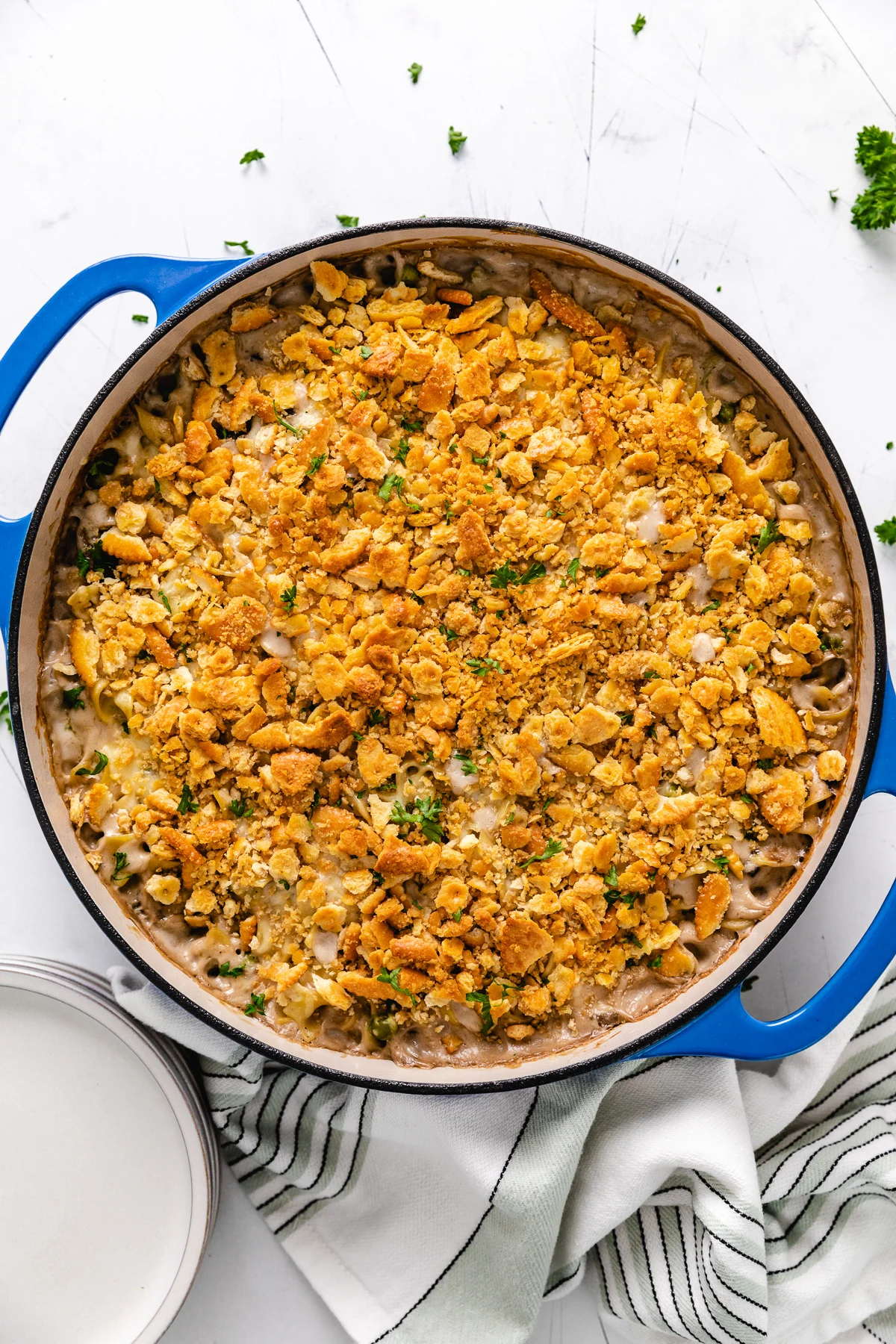 Top down view of cracker topping on a casserole.