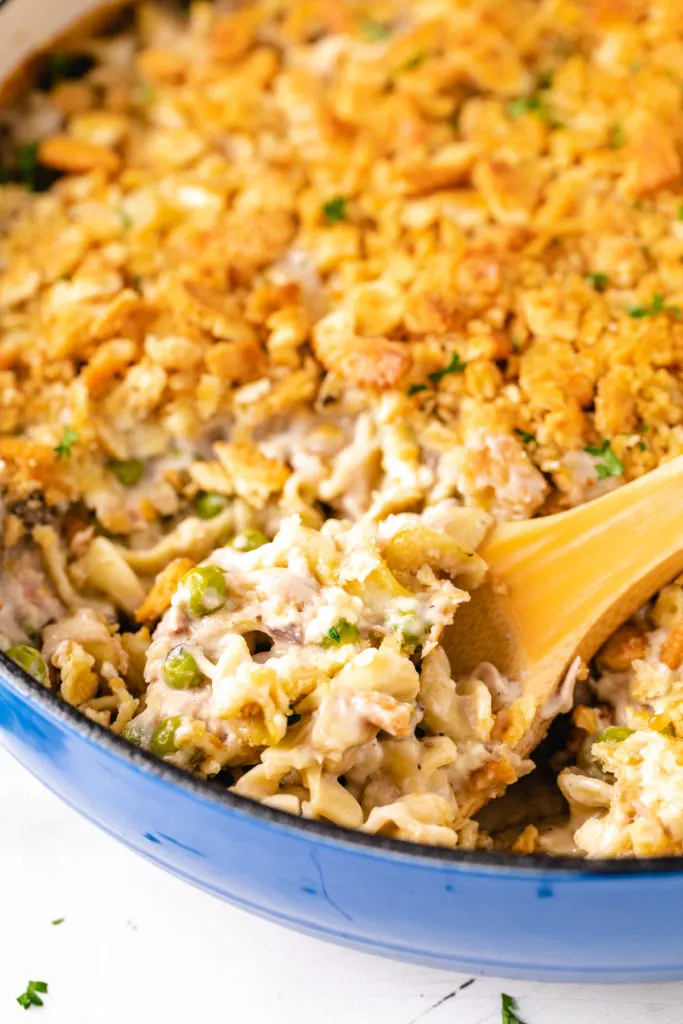 Breadcrumb topping on tuna casserole.