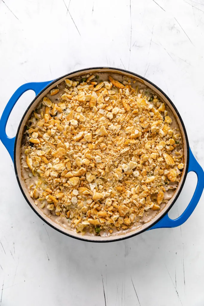 Butter and crackers added to a tuna noodle casserole.