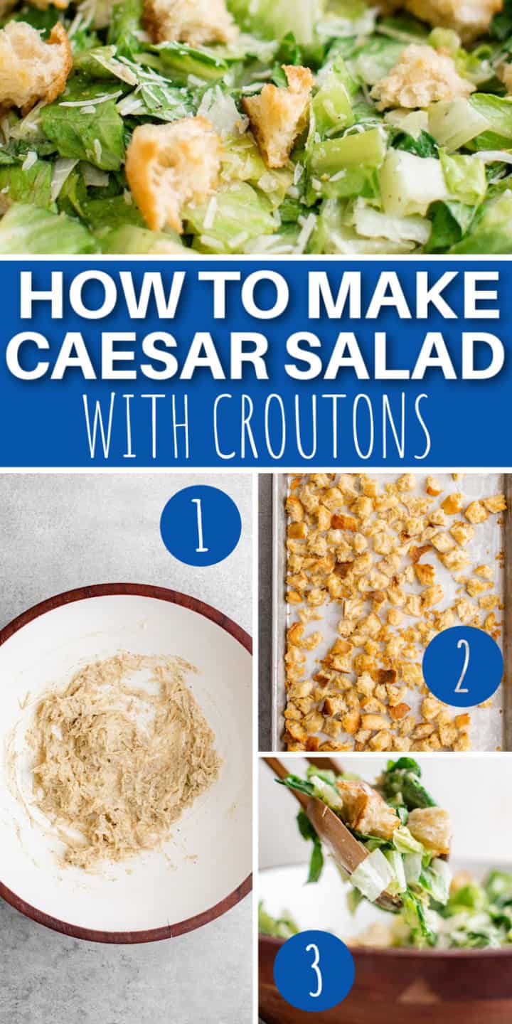 Collage showing how to make caesar salad.