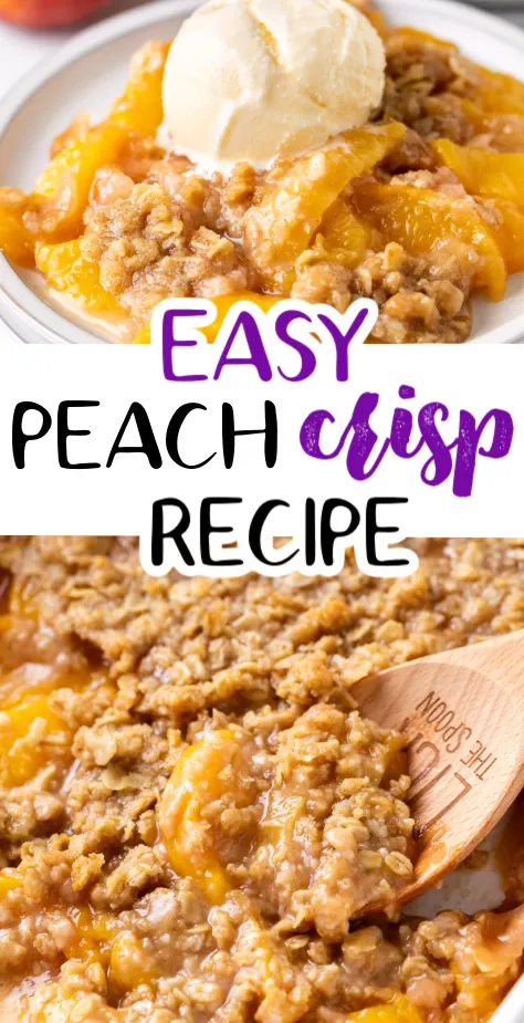 Collage of two photos of peach crisp.