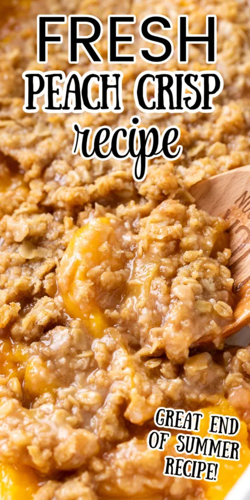 Close up view of peach crisp in a pan.