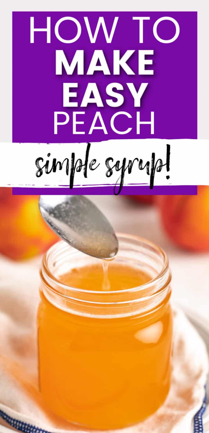 Spoon dipping into peach simple syrup.