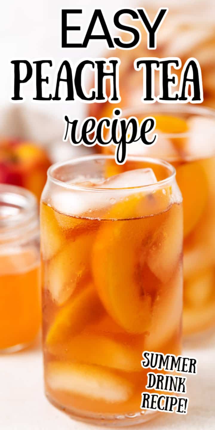 Glass of tea with peaches and ice.