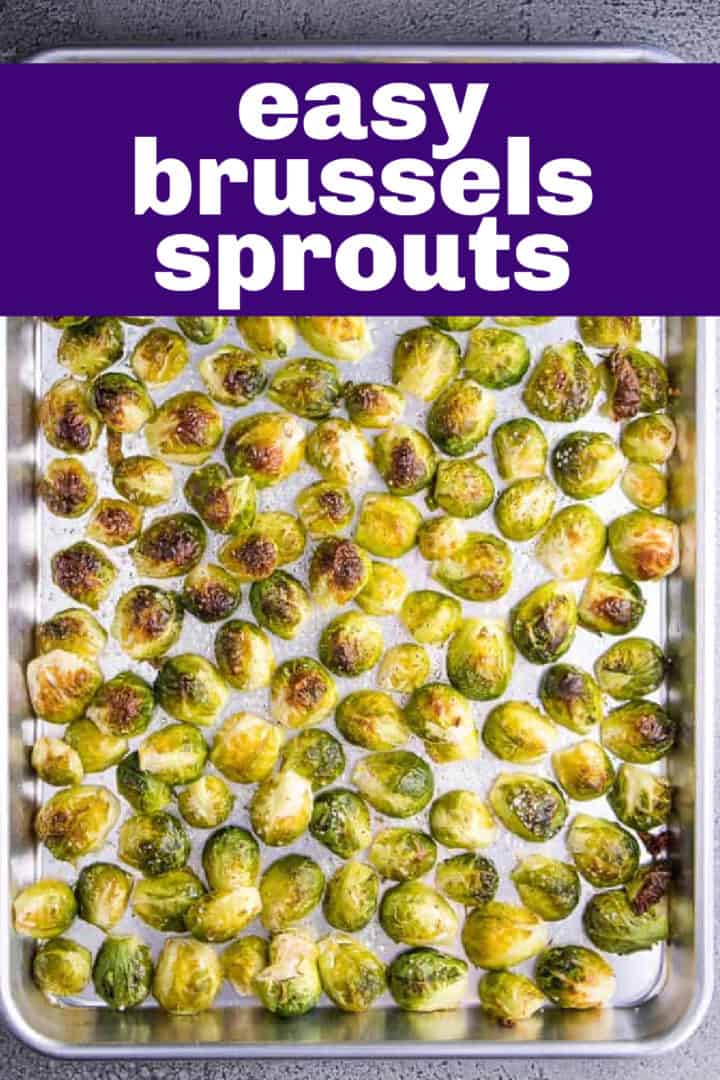 Top down view of a pan of roasted sprouts.