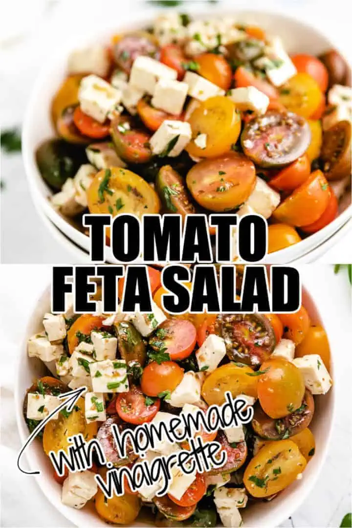 Two photos of tomato feta salad in a collage.