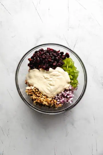 Chicken, cranberries, celery, walnuts, and onion and dressing in a bowl.