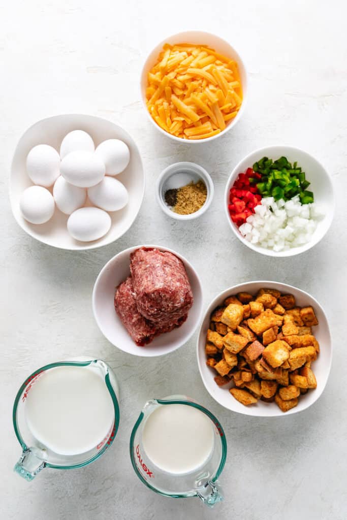 Ingredients needed for egg casserole with croutons.