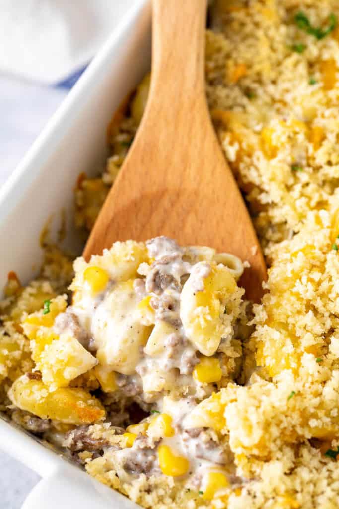 Ground beef and corn casserole with breadcrumbs.