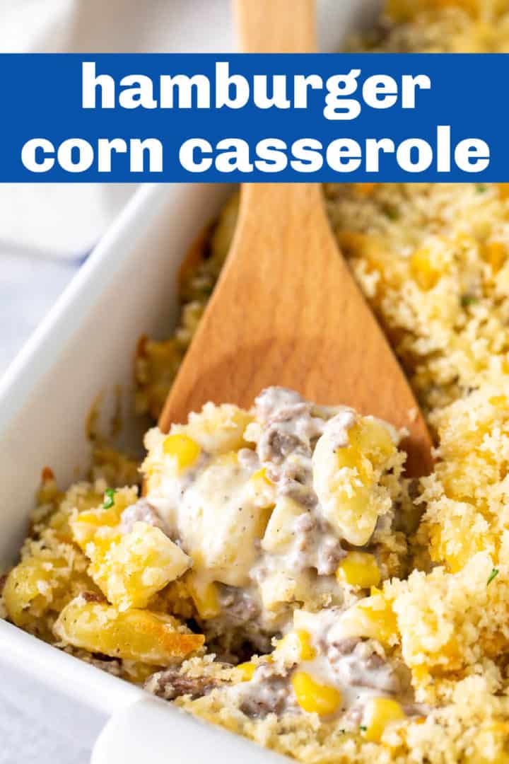 Casserole dish filled with ground beef casserole.