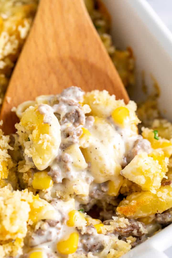 Ground beef and corn casserole in a white dish.