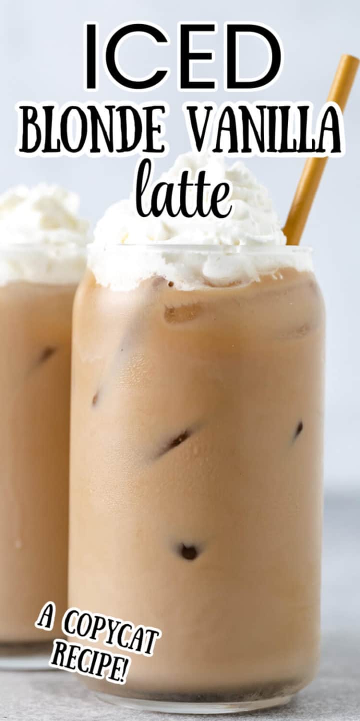 Starbucks iced vanilla latte in a glass.