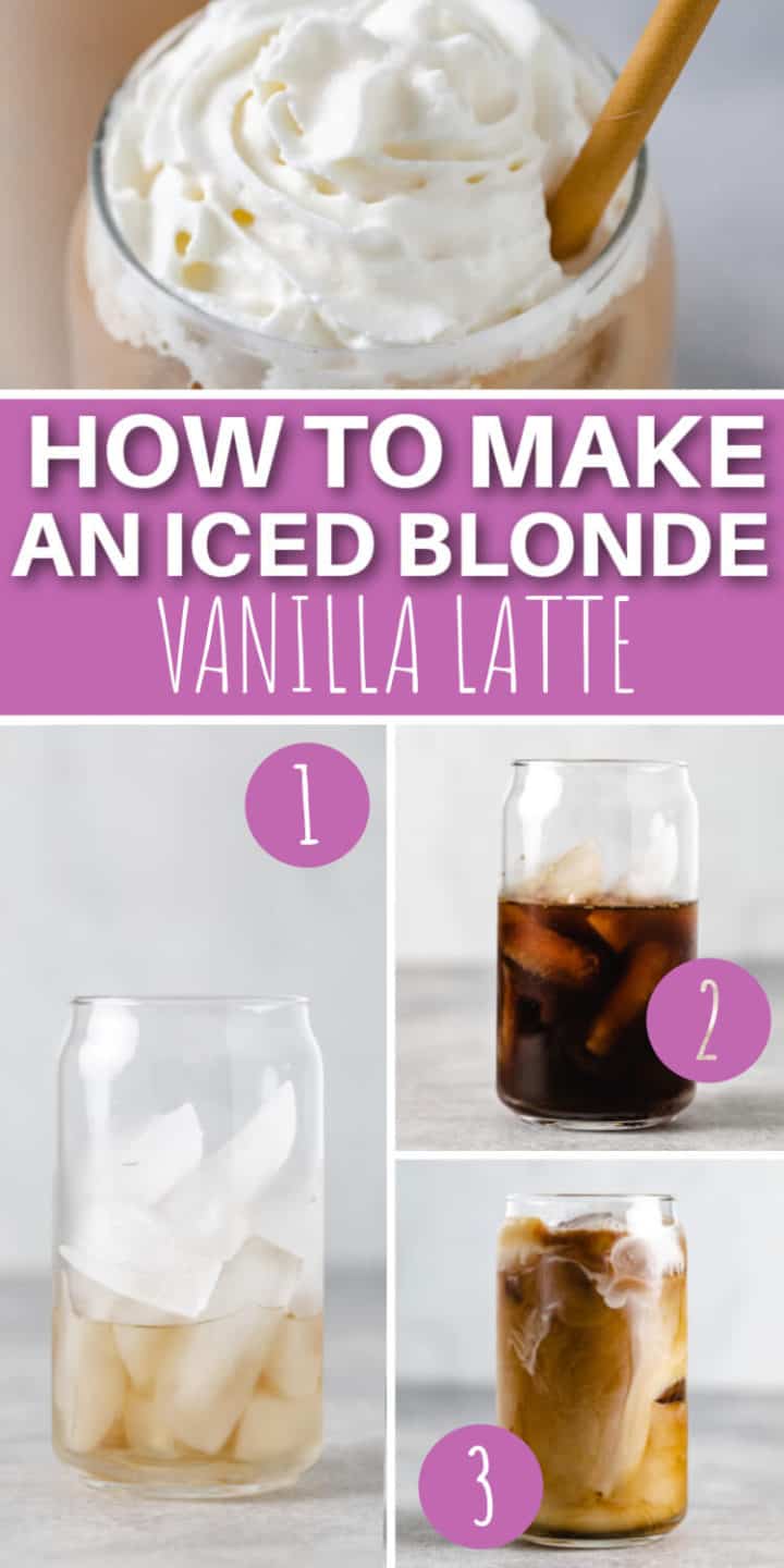 Collage showing how to make an iced vanilla latte.