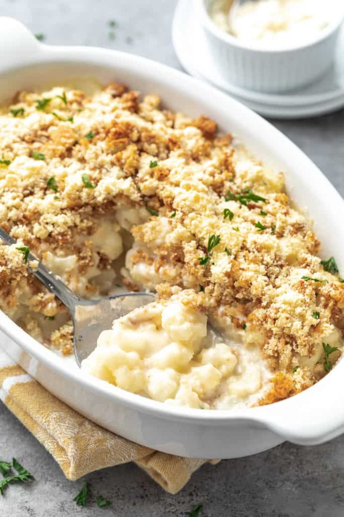 Cauliflower casserole with breadcrumb topping.