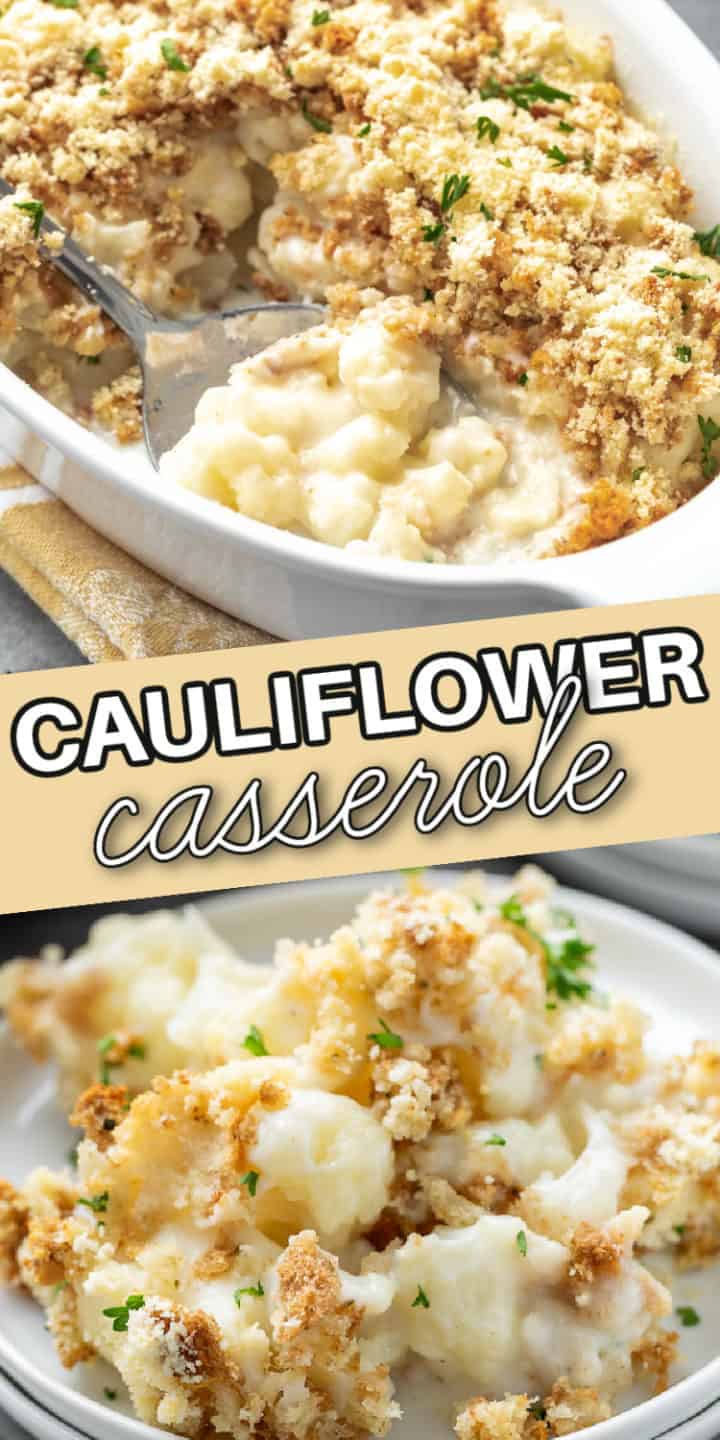 Collage showing two photos of cheesy casserole.