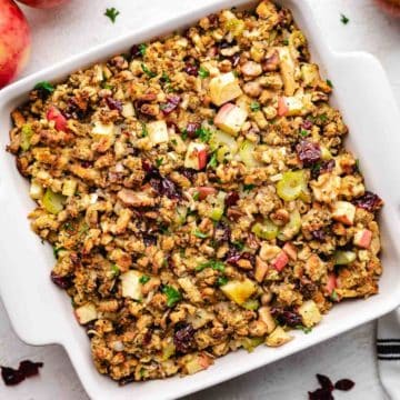 Top down view of a pan of thanksgiving stuffing.