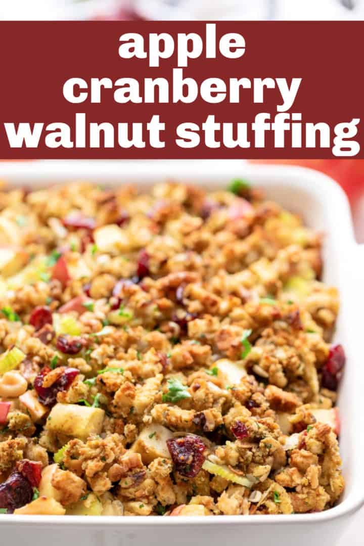 Pan of stuffing with apples and cranberries.