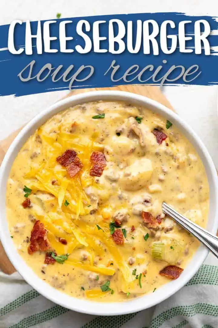 Top down view of a big bowl of cheesy beef soup.